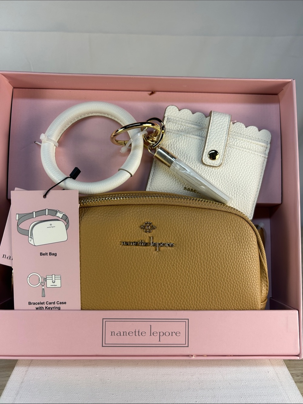 Nanette Lepore Tan belt bag with bracelet card case with key ring